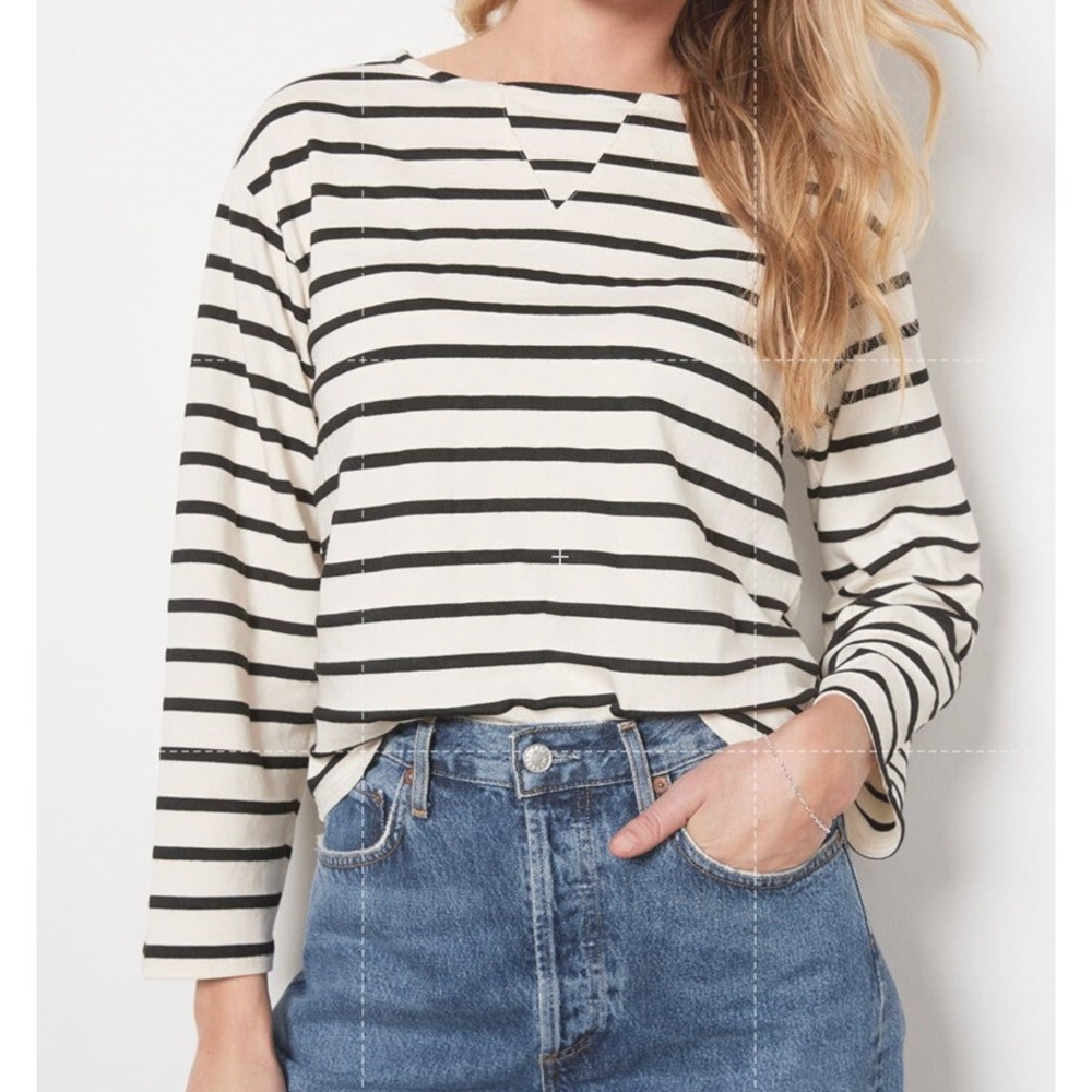 Monrow Evereve Stripe Boat Neck Long Sleeve T-Shirt Knit Natural Black Size XS